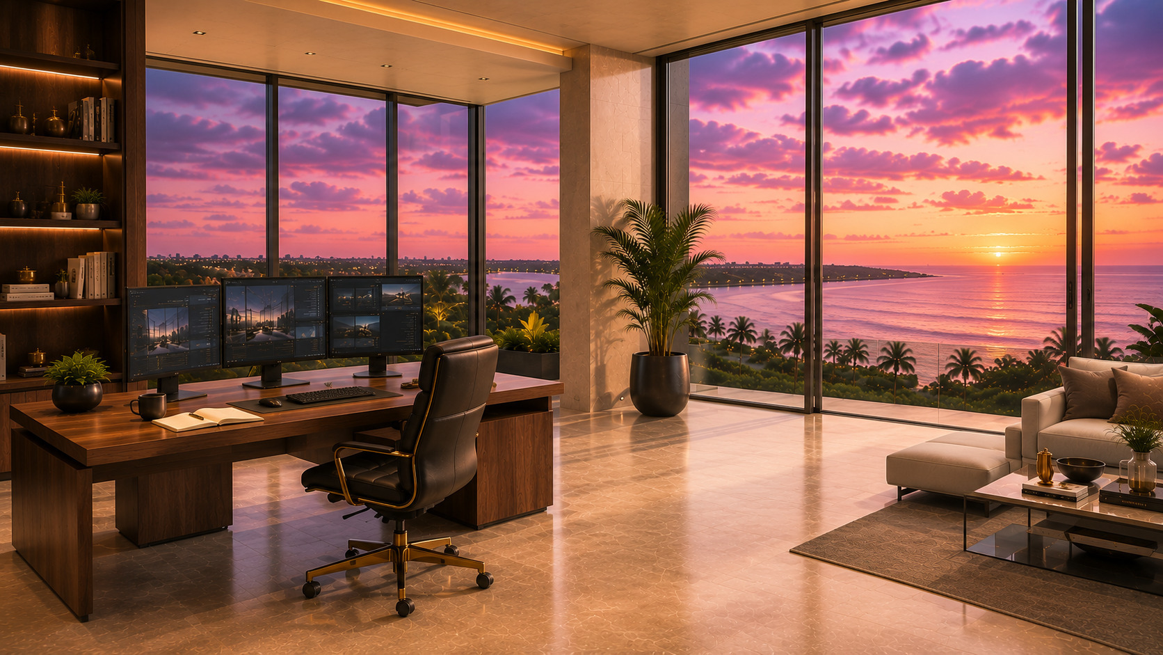 Bright luxury South Florida office at twilight