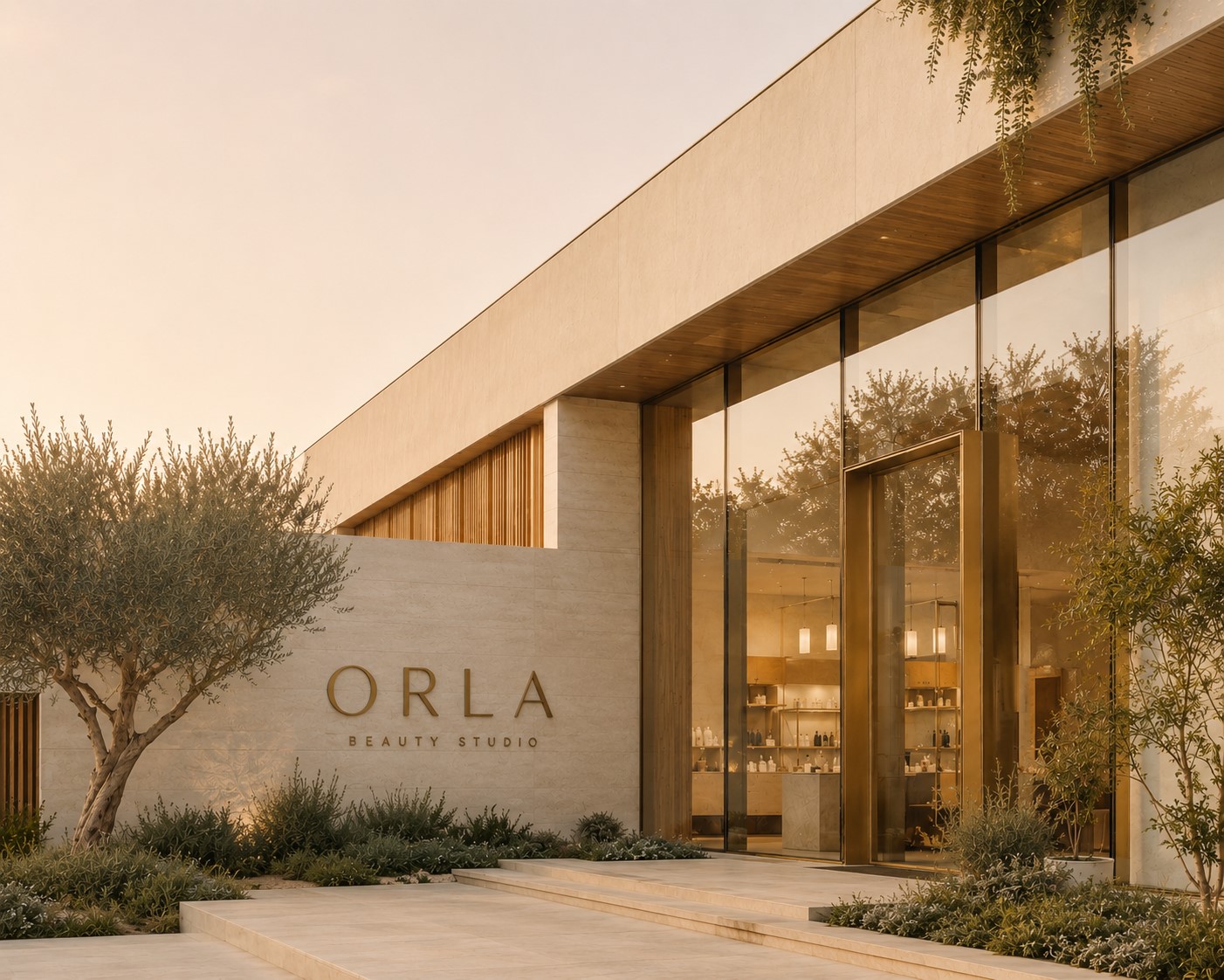 The limestone and glass exterior of ORLA Beauty Studio surrounded by olive trees in soft morning light.